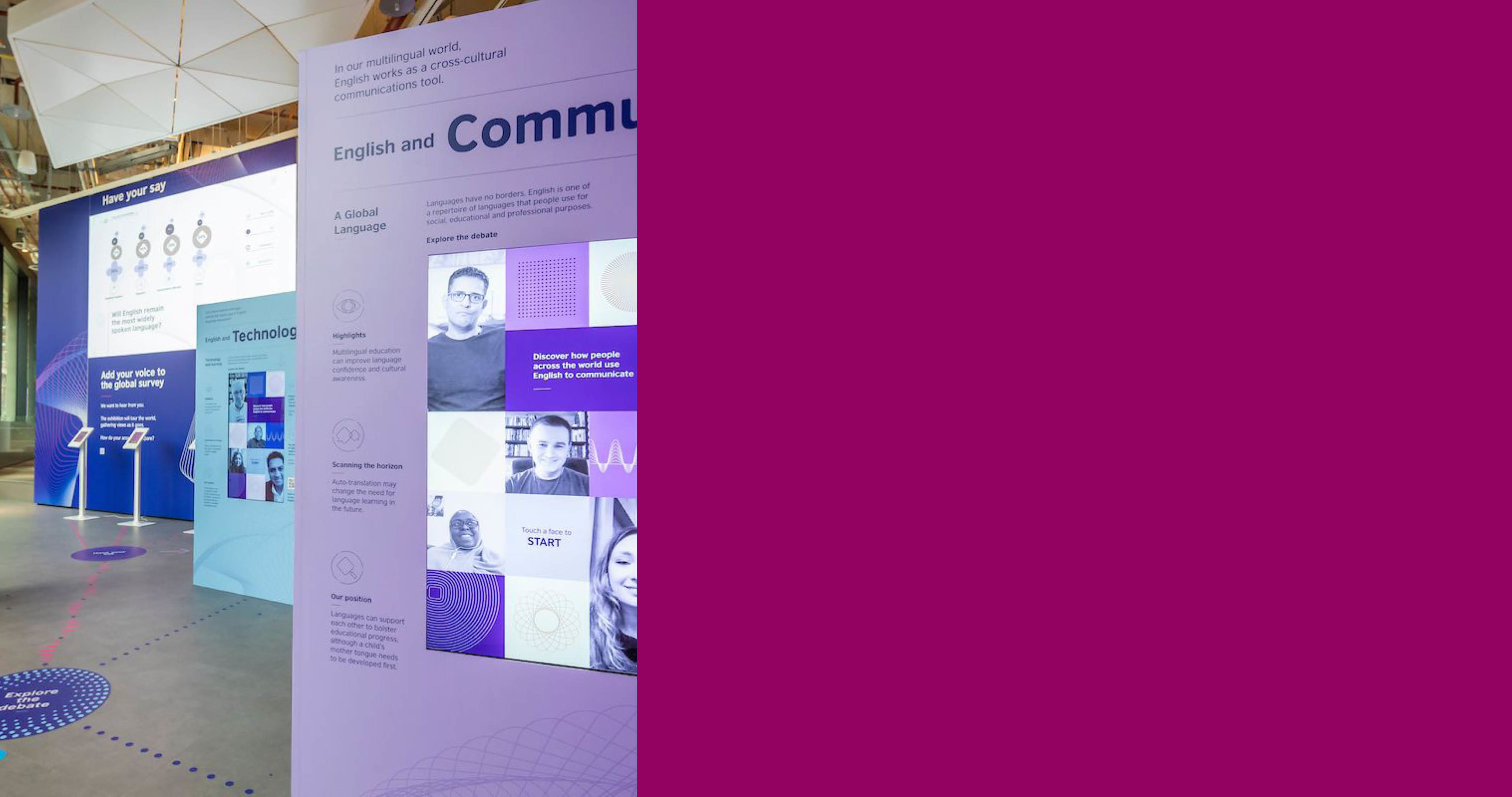 A Future of English exhibition stand. The screen reads: Discover how people across the world use English to communicate.