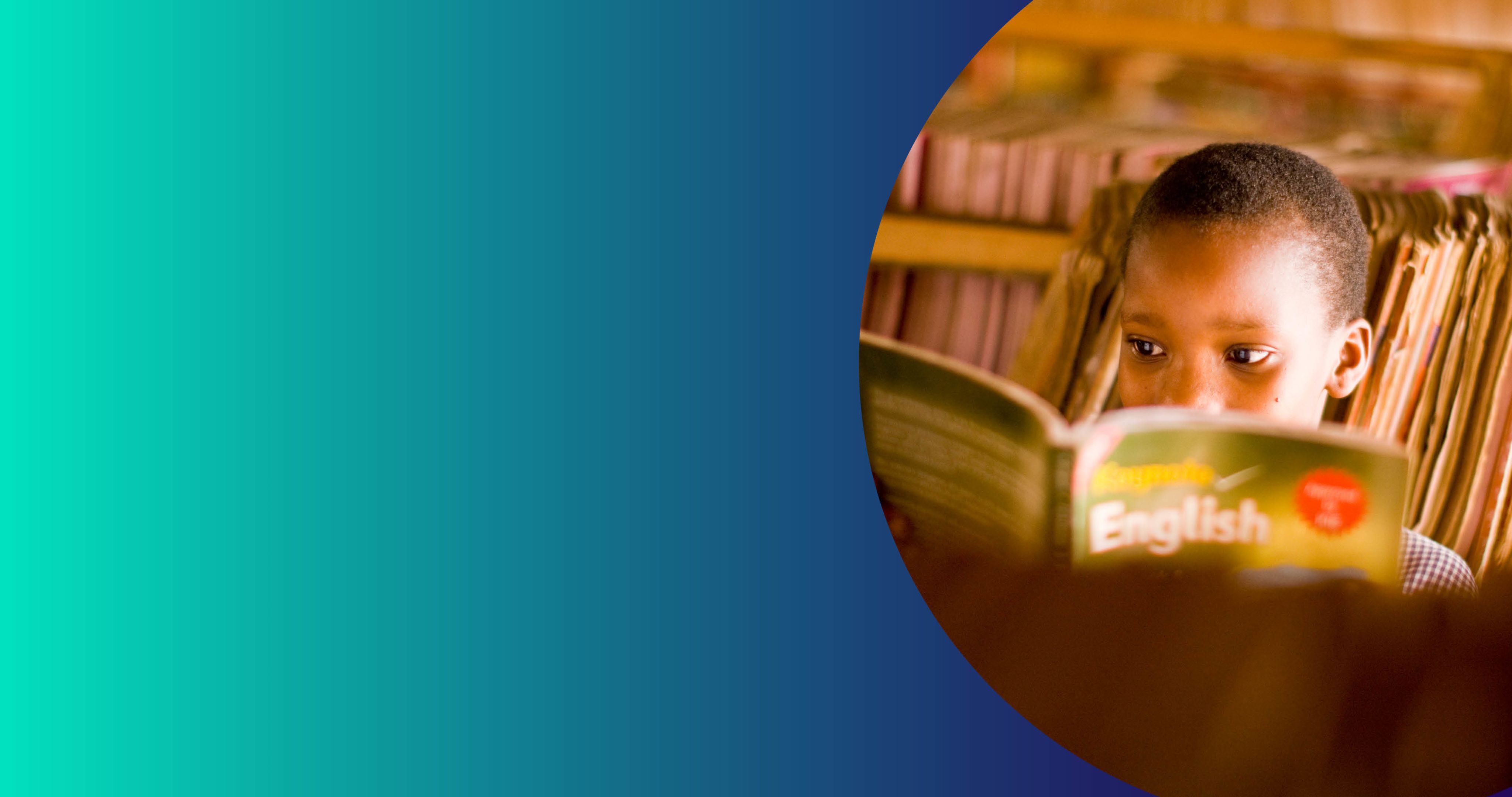 A young child reading an English text book. Behind them is a bookshelf. full of books.